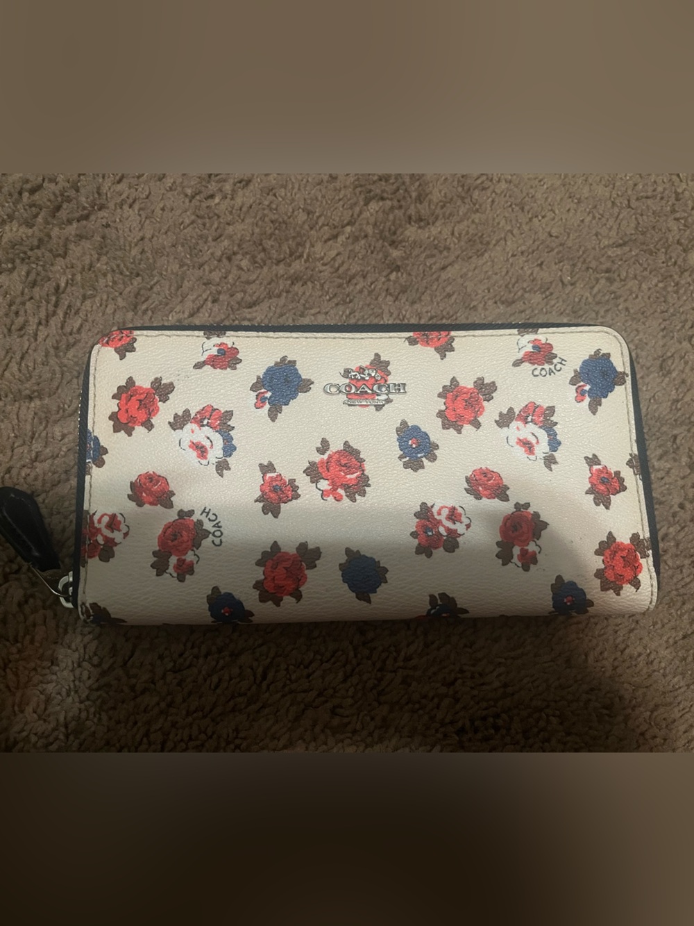 Coach Cream Zip Wallet with Red & Navy Floral Print